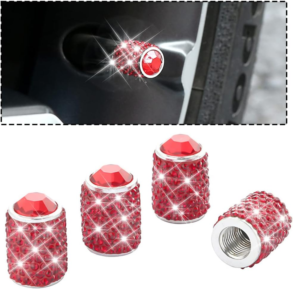 Zipelo Bling Valve Stem Caps, 4 Pack Crystal Rhinestone Car Tire Valve Covers, Dustproof Stem Cap for Auto Wheel, Sparkling Tire Air Valves Cover, Universal for Most Vehicles (Red) - Black image number 4