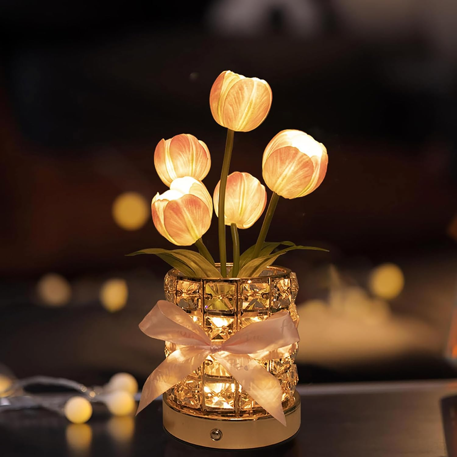 Tulip Crystal Flower Lamps, USB Rechargeable Cordless Lamps, 3 Colors Dimmable Artificial Flowers Light, for Home Date Party Decoration (Tulip Pink) image number 3