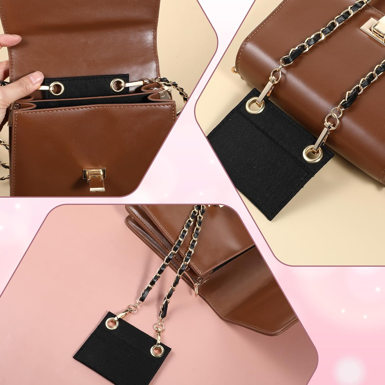 3PCS Felt Purse Organizer Insert with Eyelet, Purses Crossbody Conversion Liner Wool Tote Bags Organizers Bag Classic Inner Pocket Storage for Envelope Bag Women Clutch Bags Handbag No Chain image number 4