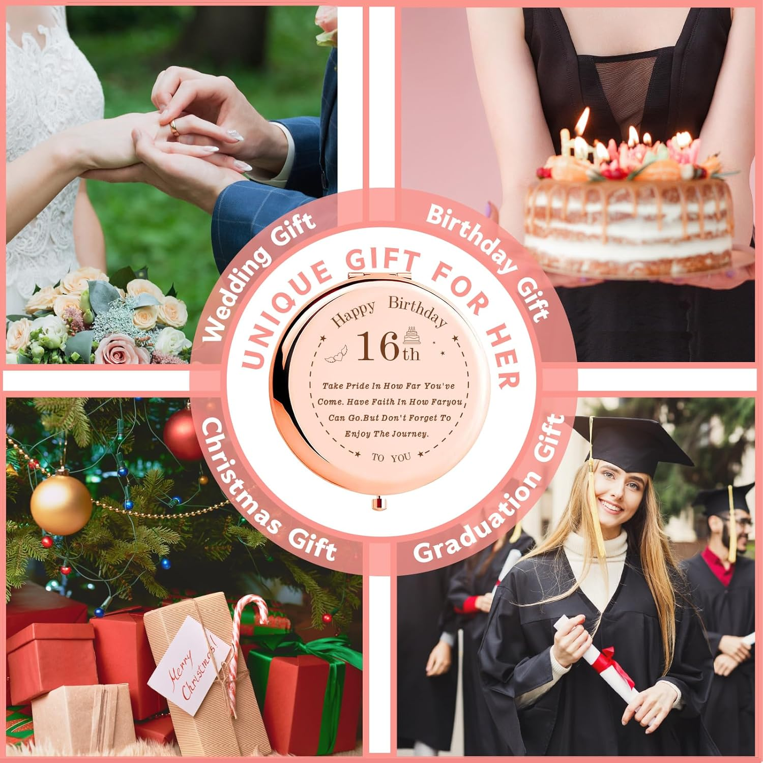 16Th Birthday Compact Makeup Mirror, Sweet 16 Design, Tabletop Mount, 7.2L X 6.5W Cm