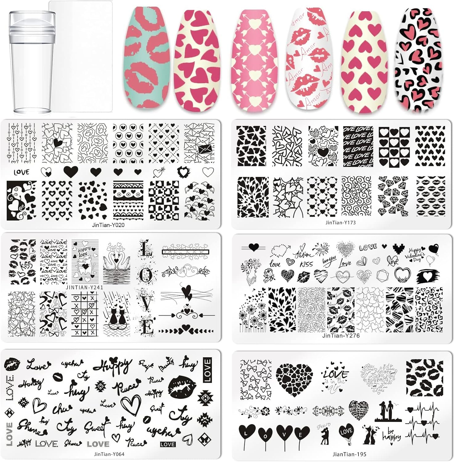 6PCS Valentine Nail Stamping Plates Kit with 1PCS Stamper & Scraper, Heart Nail Art Stamp Templates with Heart Lips Diamond Love Design for DIY Valentine'S Day Nail Decoration image number 1