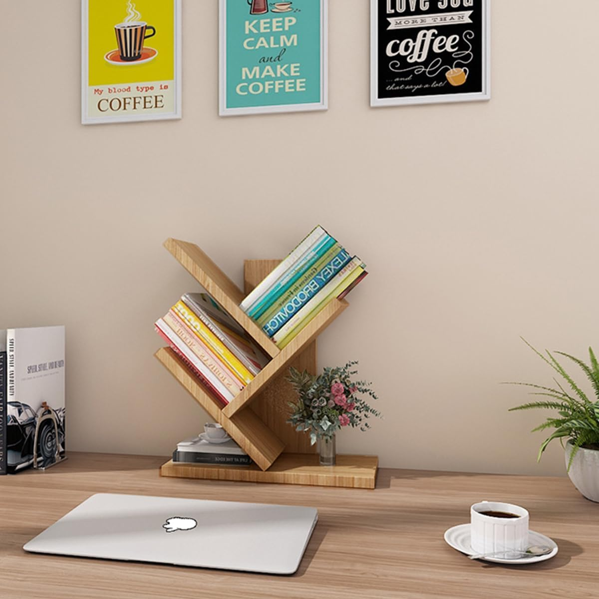 2 Tier Tree Bookshelf, 3 Shelf Bookcase, Free Standing Tree Bookcase, Display Floor Standing Shelf for Books, Book Organizer Shelves for Home Office, Living Room, Bedroom image number 2