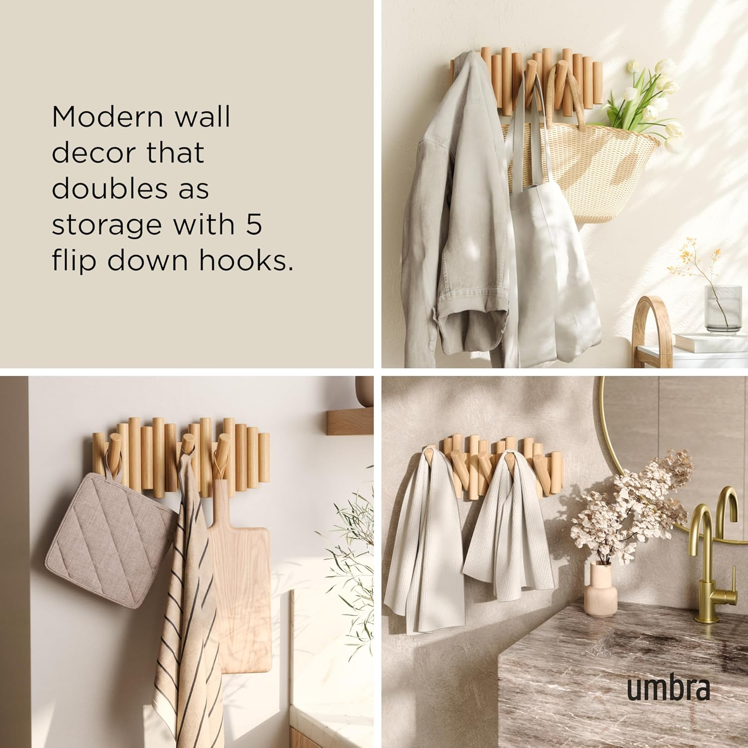 Umbra, Natural Picket 5 Hooks, Wall-Mounted Rail, Doubles as Art, Beveled Pine Wood Dowels, Finish, 14.9 X 6.6 X 1.6 - Natural image number 2