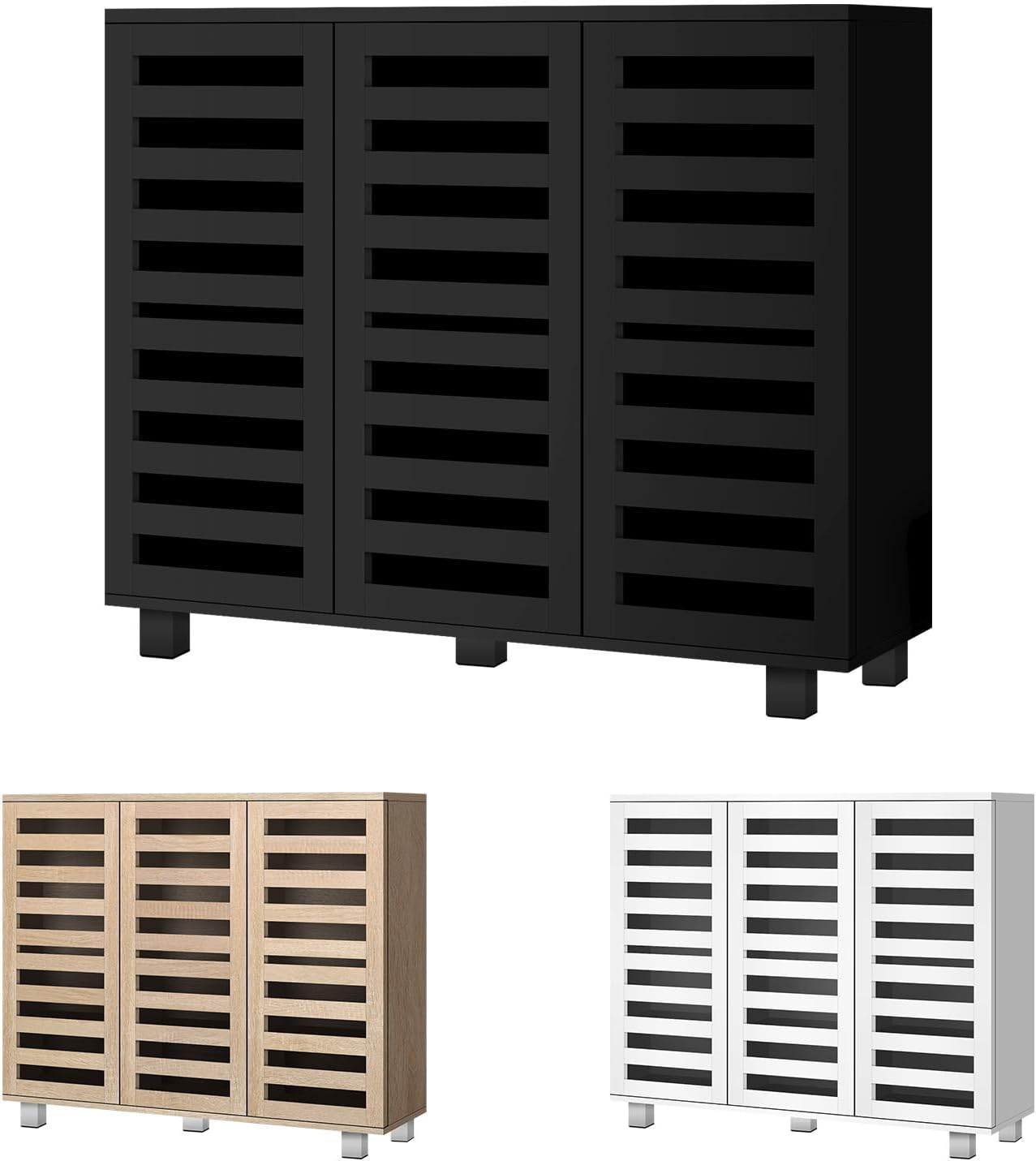 ALFORDSON Shoe Cabinet 30 Pairs Shoes Storage Rack Adjustable Cabinets Organiser Drawer Shelf with Slatted Doors, Wooden Home Furniture for Living Room, Entryway, Hallway, 97Cm Black image number 3