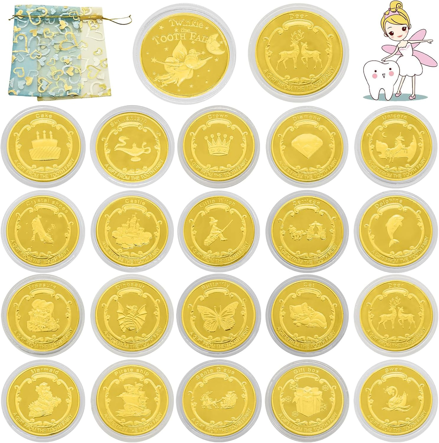 Pack of 20 Tooth Fairy Gold Taler with Various Patterns - Lost Tooth Children'S Gifts, Commemorative Coins, Souvenir - Gift Ideas for Boys