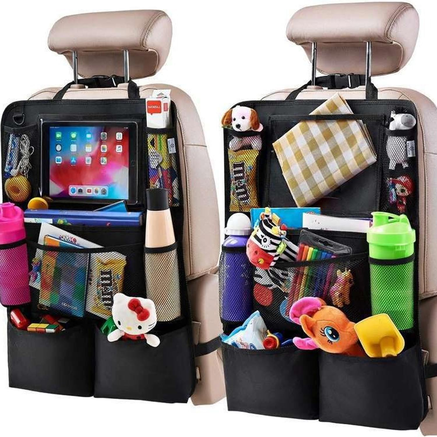 Backseat Car Organizer, Kick Mats Back Seat Protector with Touch Screen Tablet Holder, Kids Durable Waterproof Oxford Fabric, 9 Storage Pockets for Snacks Toys,Car Accessories (1Pack-Black)