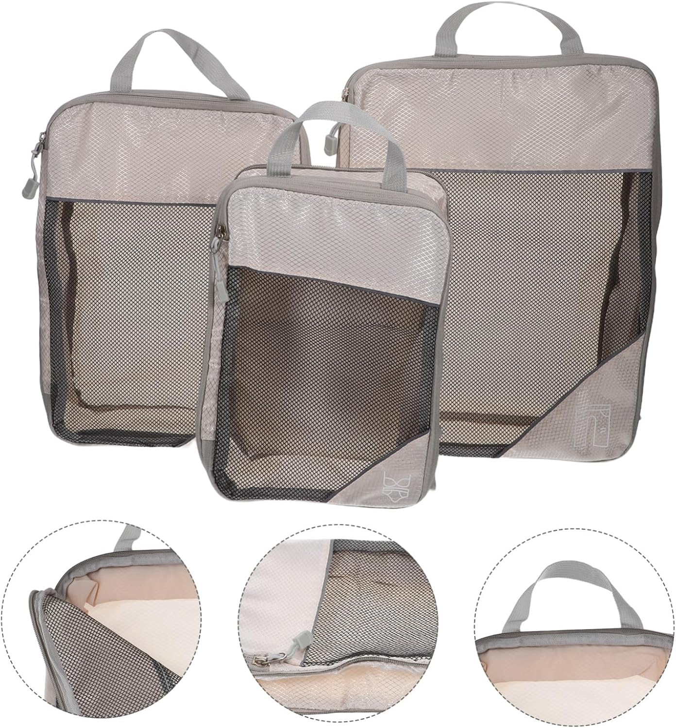 DEARMAMY 3PCS Compression Packing Cubes Beige Lightweight Expandable Travel Organizer Bags for Efficient Luggage Space Management Portable Storage for Clothes Shoes Accessories image number 3