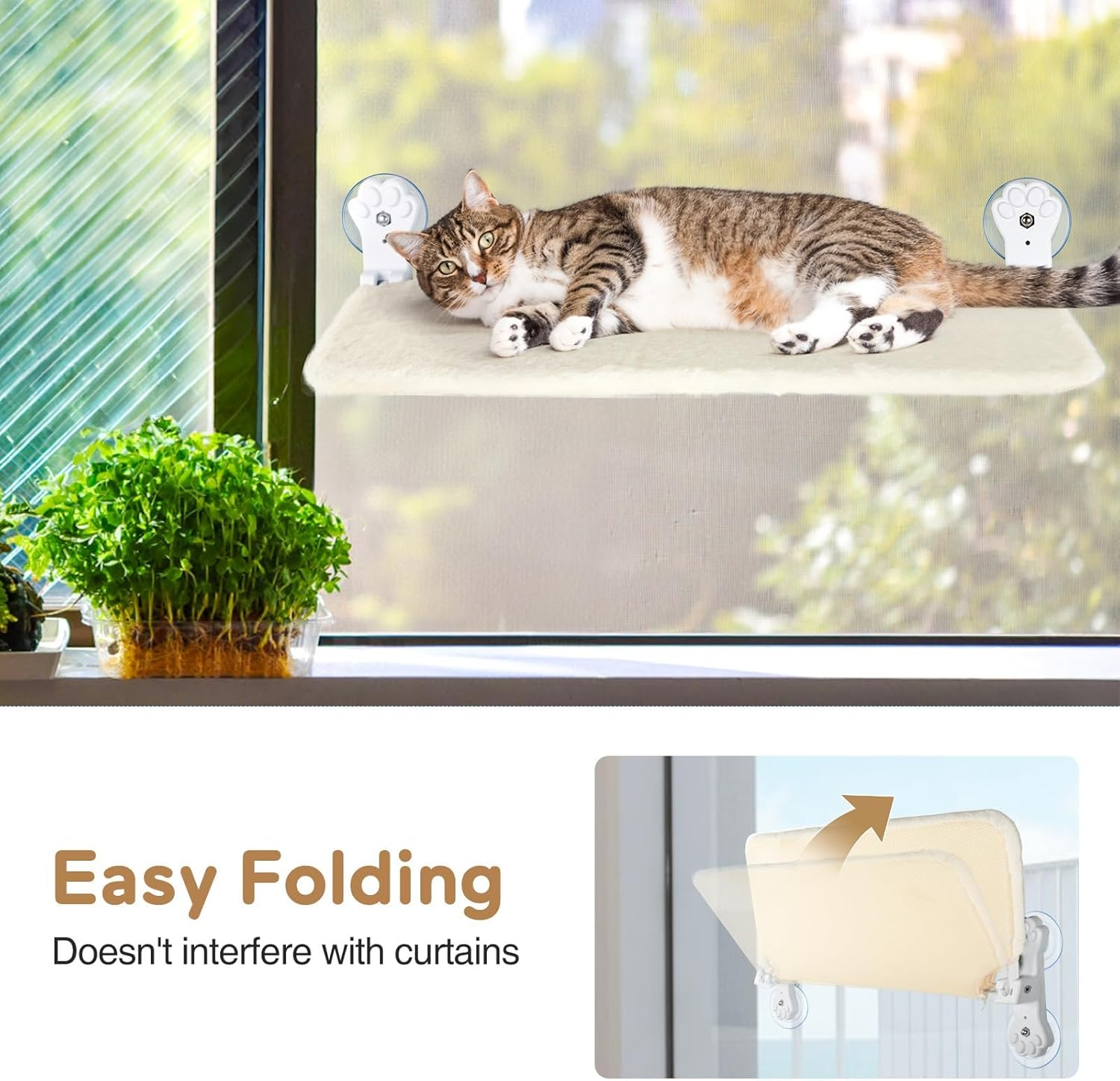 APAILANT&reg; Cat Window Perch, Foldable Cat Hammock for Window 30 * 52 Cm, Cordless Window Bed for Cats inside with Reversible Cover Solid Metal Frame Sunbathing Viewing Platform Beige