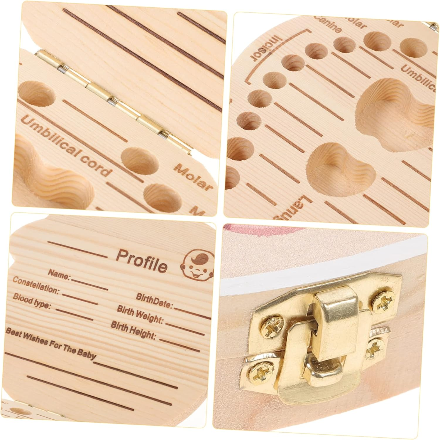 Deciduous Tooth Box Boys and Girls Keepsake Cartoon Design First Tooth Case Wooden Material Shower for Boy Girl