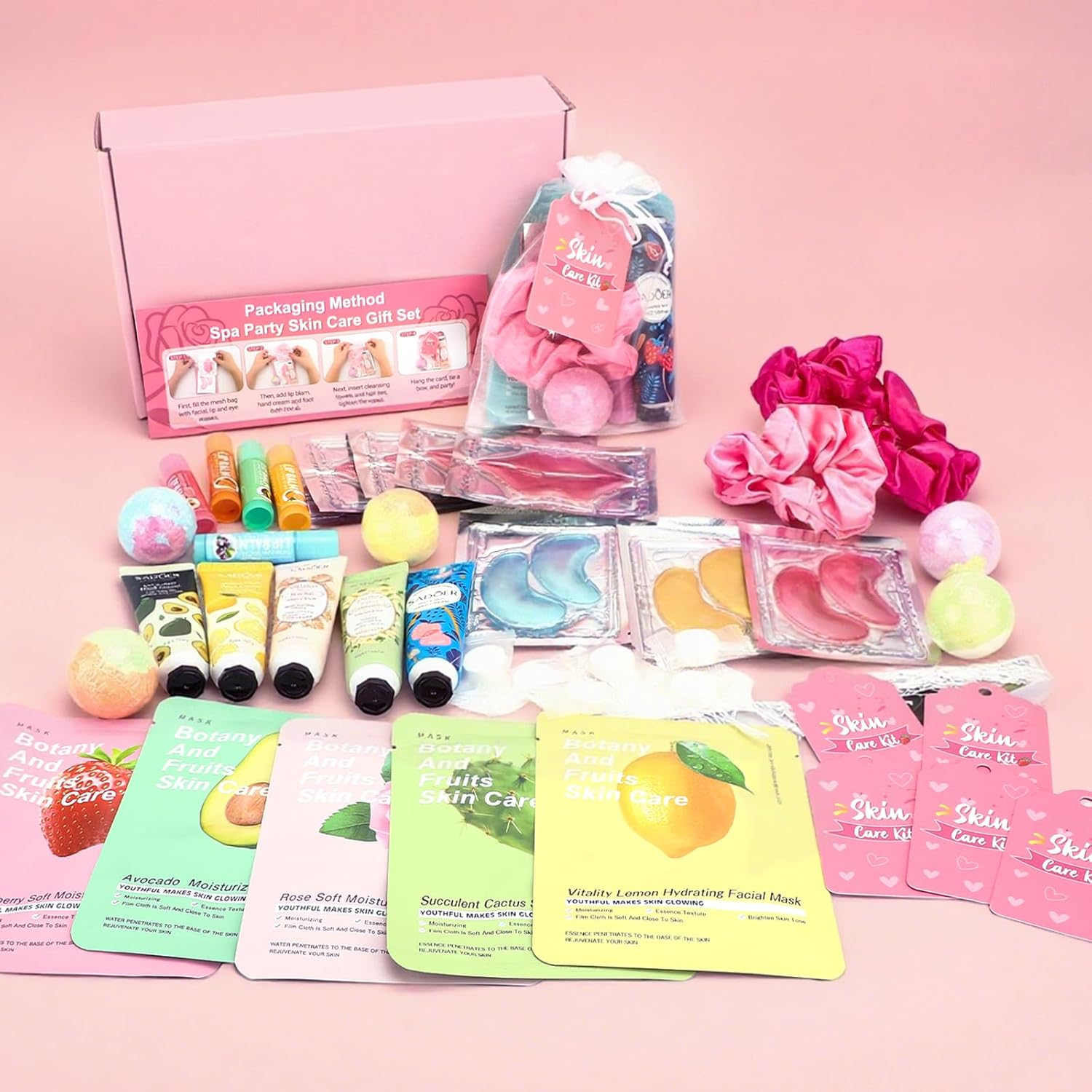 Erinde 60 PCS Spa Party Supplies for Girls, Spa Party Favors Include Face Masks Skincare, Hand Cream, Lip Balm, under Eye Patches, Lip Mask, Foot Bath Bombs, Bulk Birthday Sleepover Party Supplies