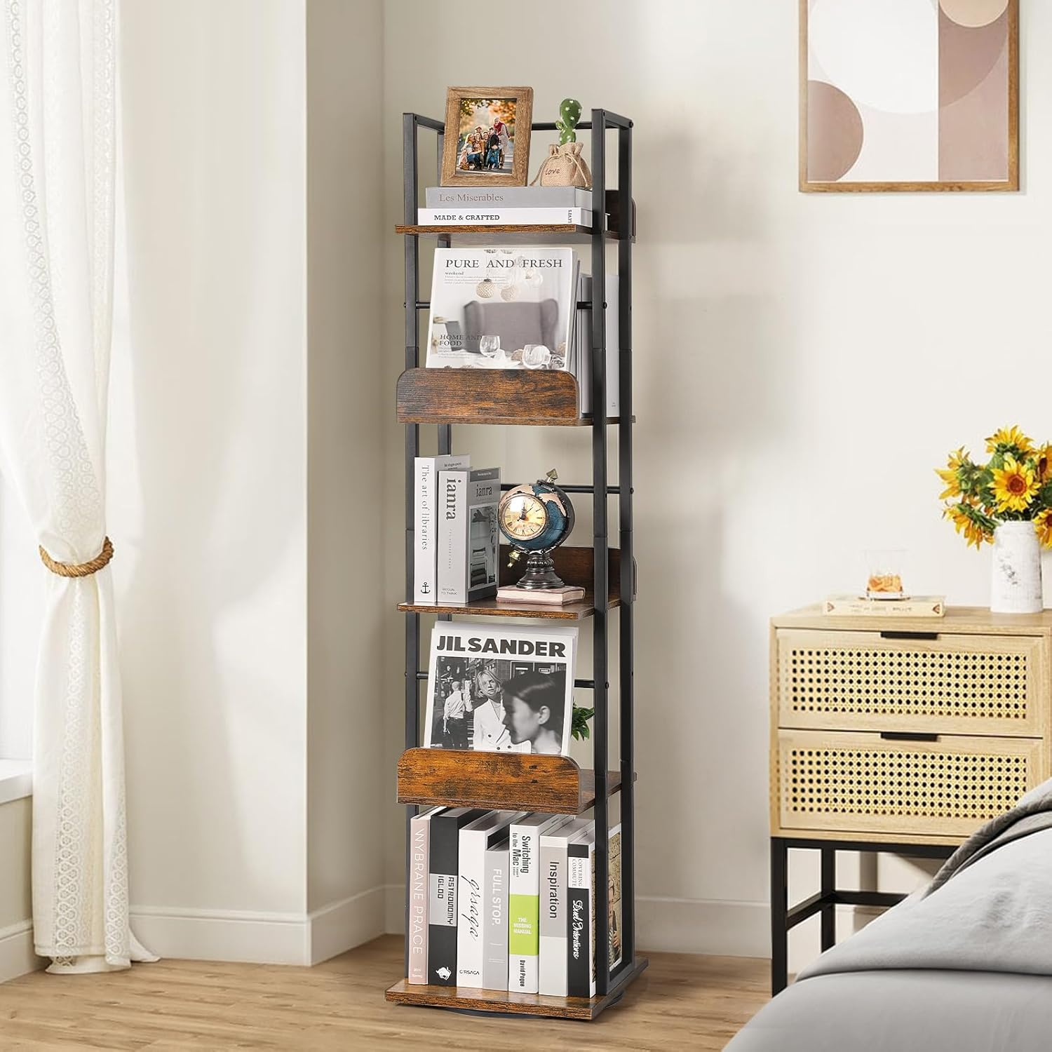 Book Shelf, Rotating Bookshelf for Corner, 5-Tier Small Bookcase, Tall Bookshelf Display, Narrow Bookshelf for Books, Magazines, Decor, Bookshelves for Living Room, Study Room image number 2