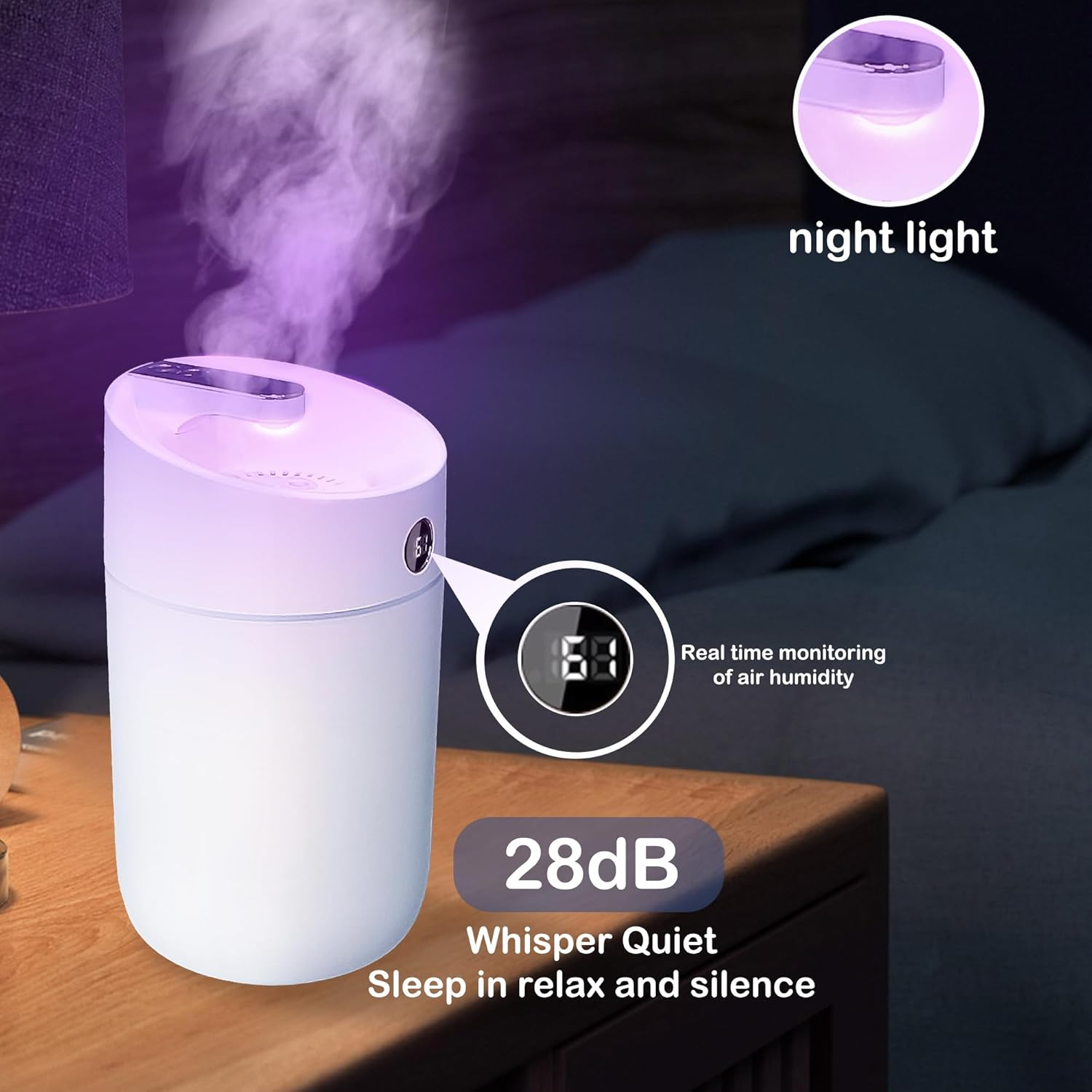 Humidifier, Air Humidifier for Bedroom 3L Large Capacity,Seven-Color Breathing Lamp,Double-Hole Spray,Silent Humidification,Portable,Usb Power Supply,White image number 4