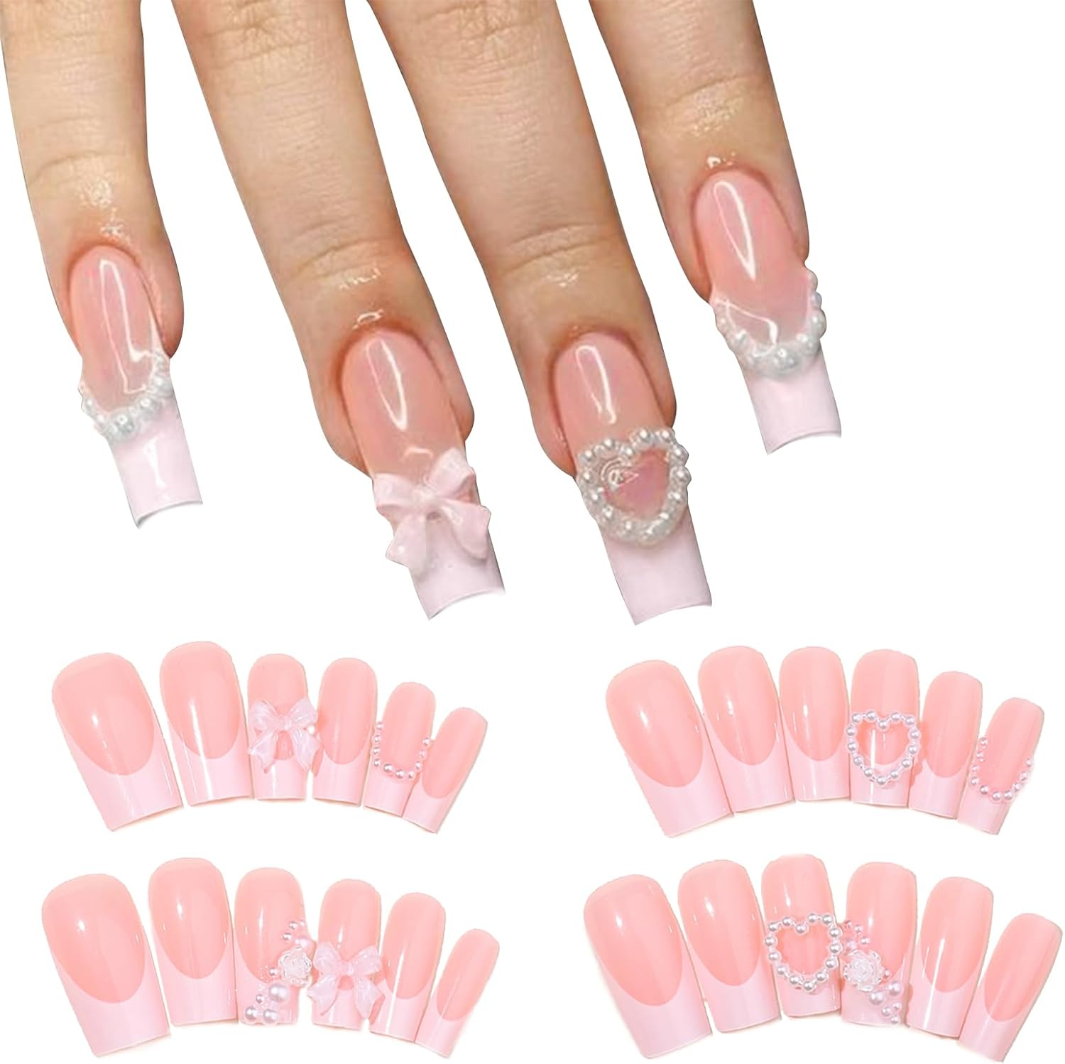 Qioon 24 Pcs French Tip Press on Nails with Charms, Medium Long Pink Coffin Fake Nails with Heart, Rose, Pearl, and Bow Designs for Women and Girls, Cute Stick on Fingernails for Daily Wear image number 1