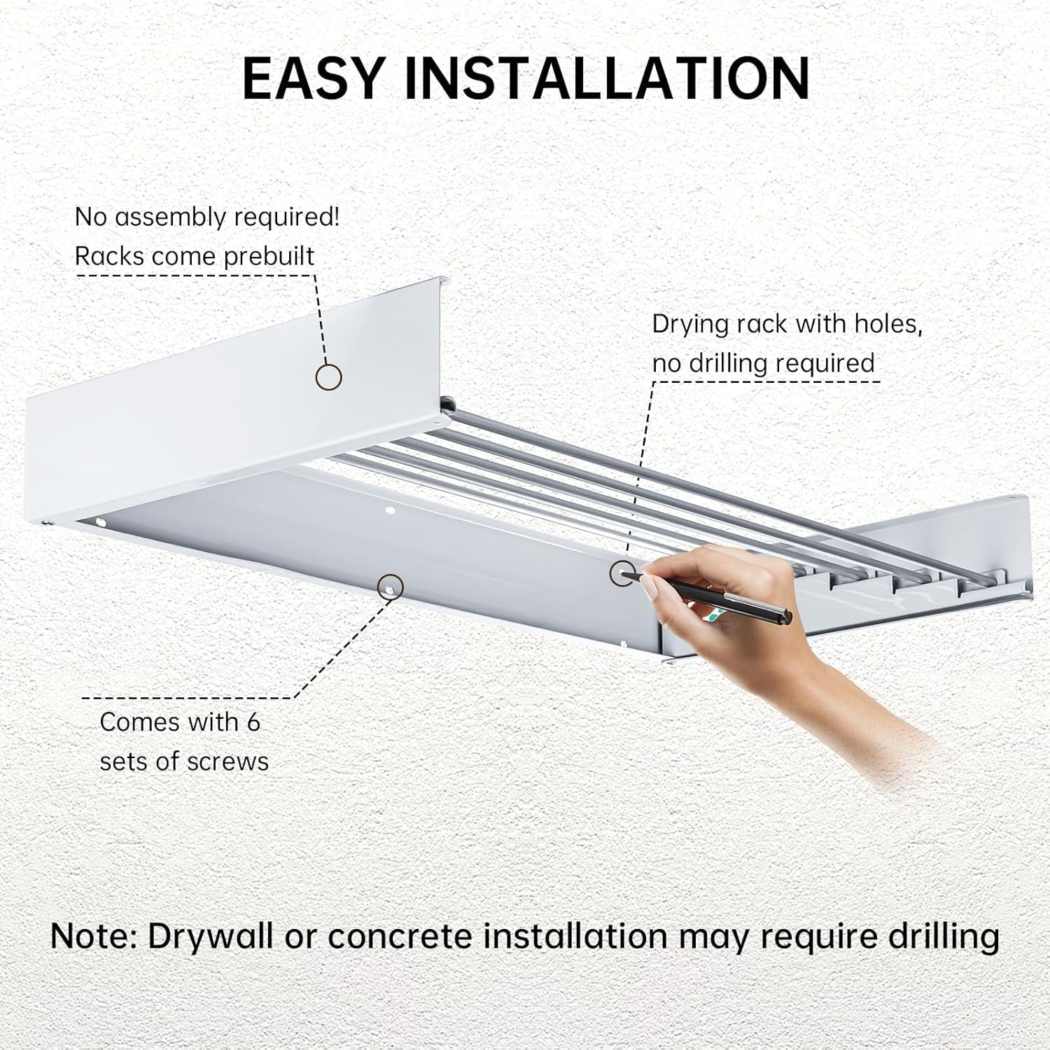 Laundry Drying Rack Collapsible, Wall Mounted, Clothes Drying Rack, 31.5" Wide, 13.1 Linear Ft, 5 Aluminum Rods, 45 Lb Capacity, with Wall Template, Screwdriver Bit(White) image number 6