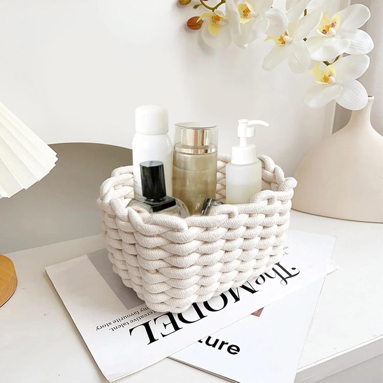 Set of 2 Braided Cotton Knitting Baskets, Small Square White Storage Baskets for Bathroom, Make-Up, Toys, Socks