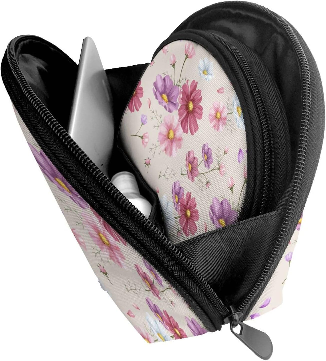 Cozimangoe Coin Pouch Makeup Bags Set, 2 Piece Shell Shape Cosmetic Bag with Pockets for Daily Travel Handbag Lipstick Keys Toiletry, Personalized Hand Drawn Cosmos Flower Pattern image number 5