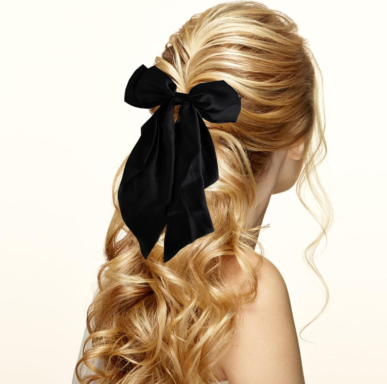 Ownkim Set of 2 Hair Bows for Women Silky Satin - Large Elegant Hair Clips for Women and Girls, Black and White image number 3