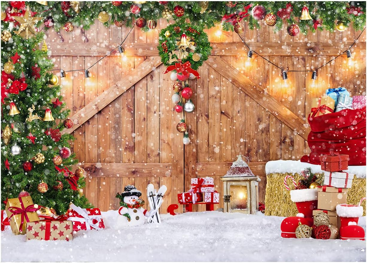 SJOLOON Rustic Christmas Barn Wood Door Backdrop for Photography Xmas Tree Snow Gift Wall Floor Party Photo Background Winter Holiday Family Supplies Banner Decoration Studio Props 12391 (12X10Ft) image number 3