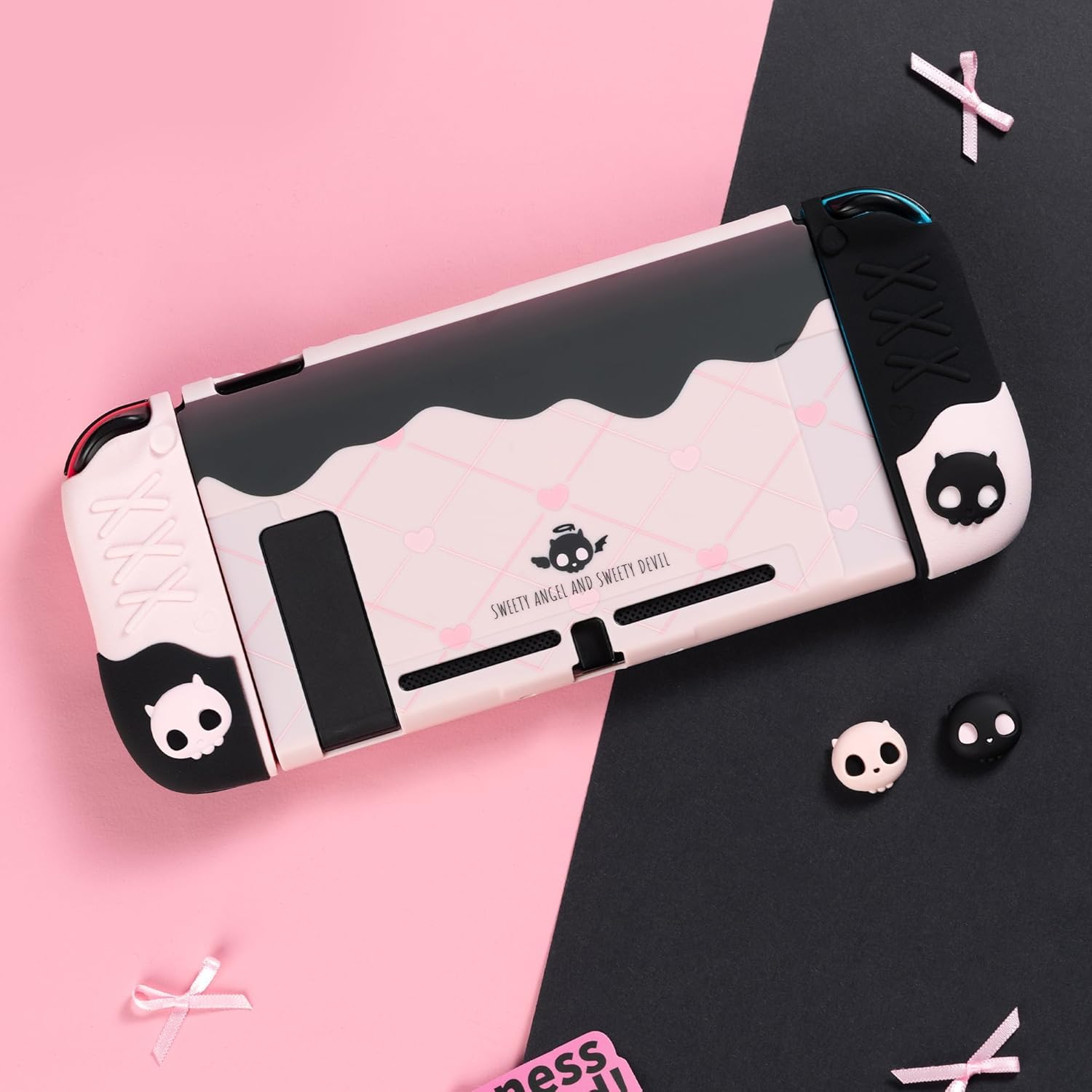 Geekshare Protective Case for Switch Anti-Scratch Slim Cover Case Compatible with Switch Separable Soft Silicone Protective Shell with 2 Thumb Grip Caps- Sweetheart Skull image number 1