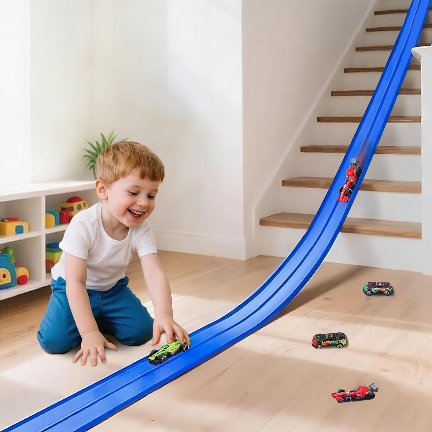 OMIPAWZ 15 Ft / 450 Cm Double Sided Flexible Rack Track Set with 6 Toy Cars for Kids image number 2