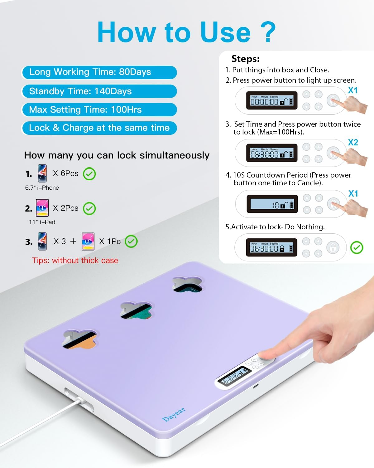 Dayear Phone/Pad Timer Lock Box, Self-Control Safe Lock Box for Ipad/Tablet/Tv Controller - Timed Locker to Help Kids, Students, Adults Lock Away Addiction/Temptation (Purple) image number 4