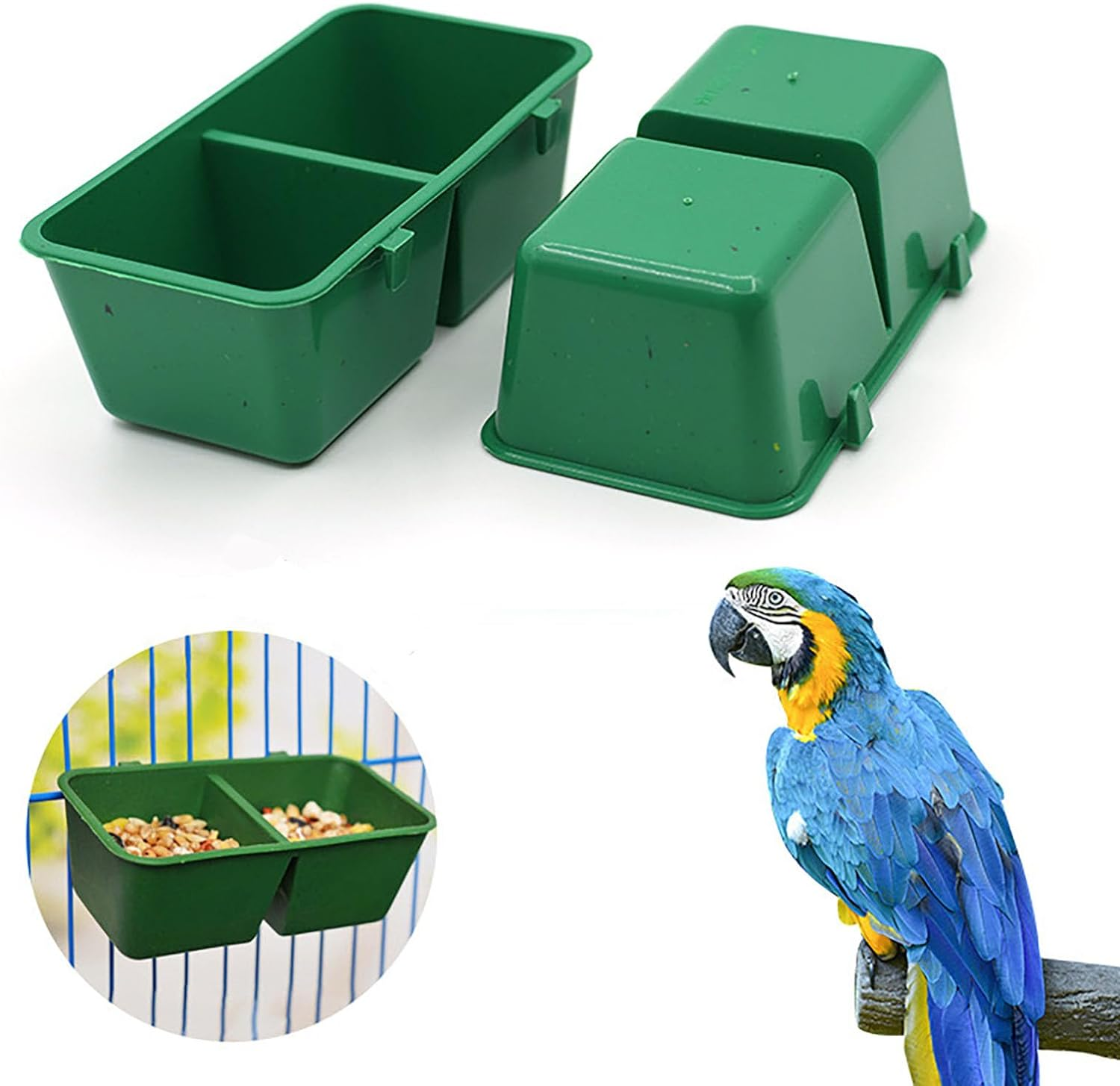 No Mess Bird Feeder Upgraded - 2 in 1 Parrot Cage Food and Water Bowl - Double Groove Bird Food Bowl for Cage for Hold Food, Water Universal Conjoined Food Box image number 4