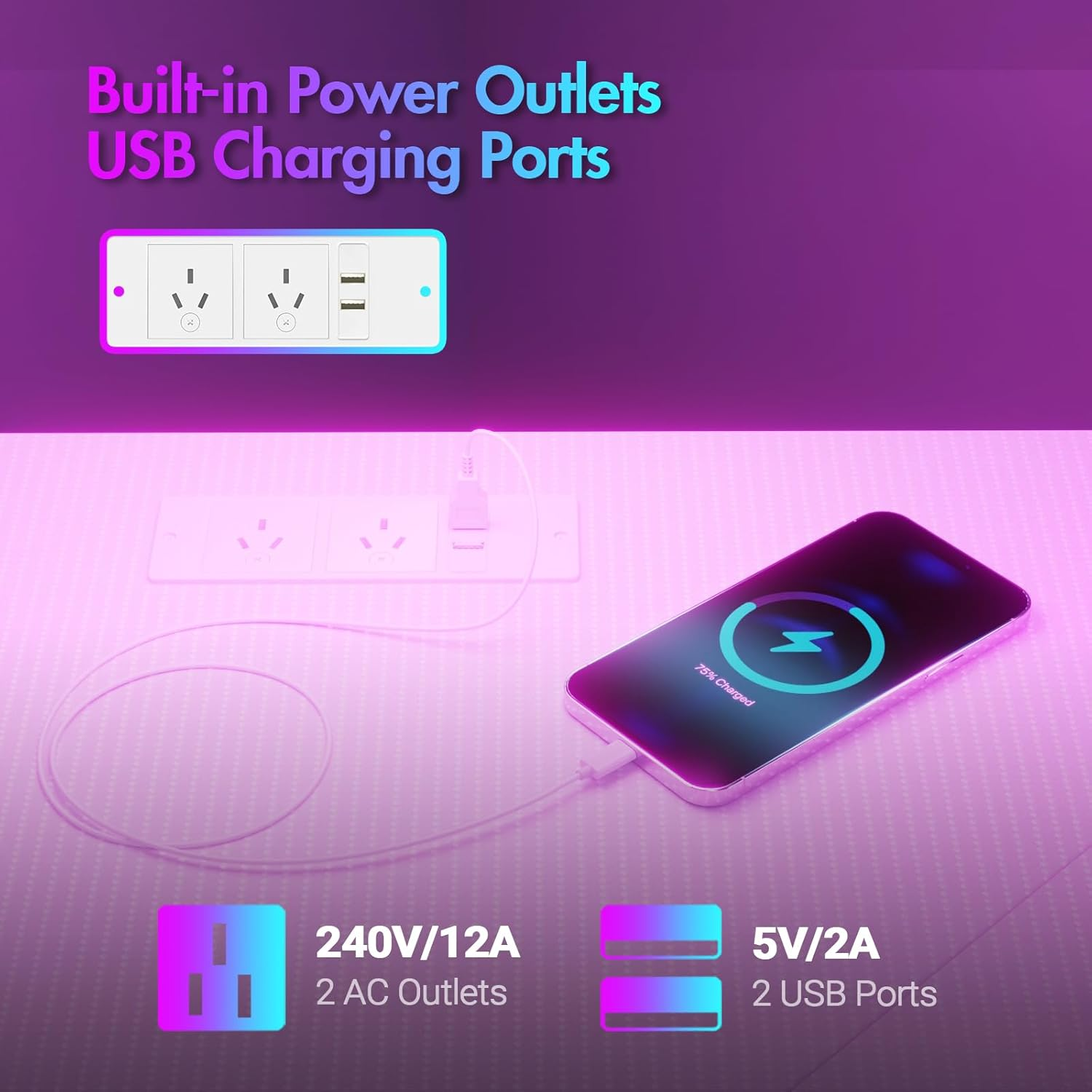 Advwin L Shaped Gaming Desk with LED Lights & Power Outlets Computer Corner Desk with Monitor Stand Gaming Table with Hook White - Black image number 2