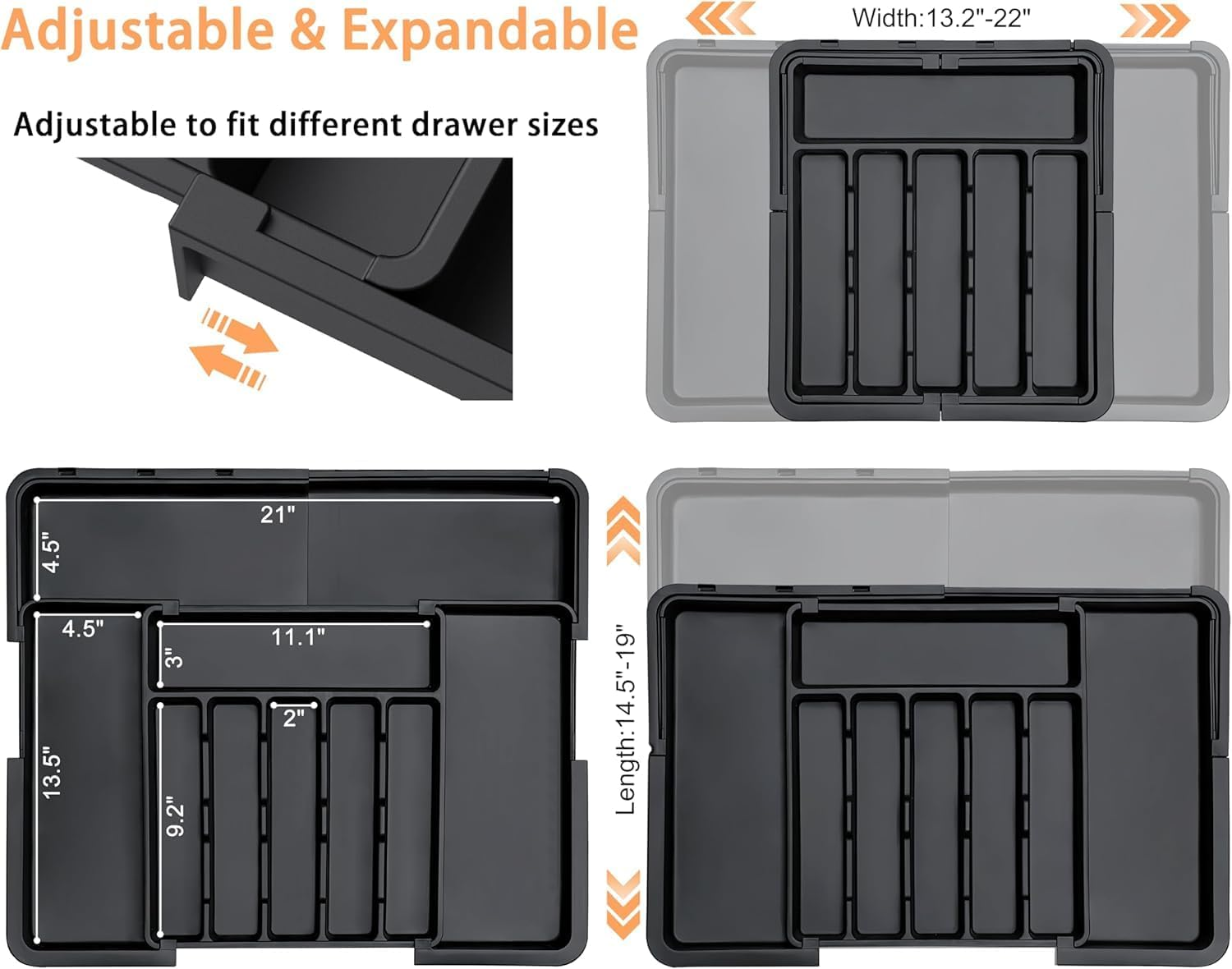 Cutlery Drawer Organiser with 9 Compartments, 3-Sided Expandable Kitchen Drawer Organiser, Non-Slip,Large for Spoons, Forks and Knives (Black)