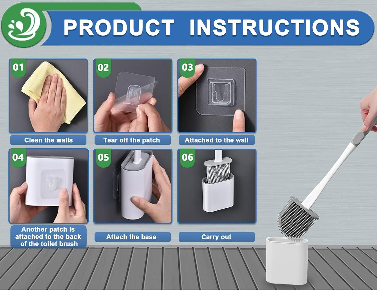 XUXRUS Silicone Toilet Brush with Quick Drying Holder Set -2Pack, Bathroom Toilet Brushes Set with No-Slip Silicone Handle & Anti-Drip Base (Flooring/Wall Mounted) -White image number 2