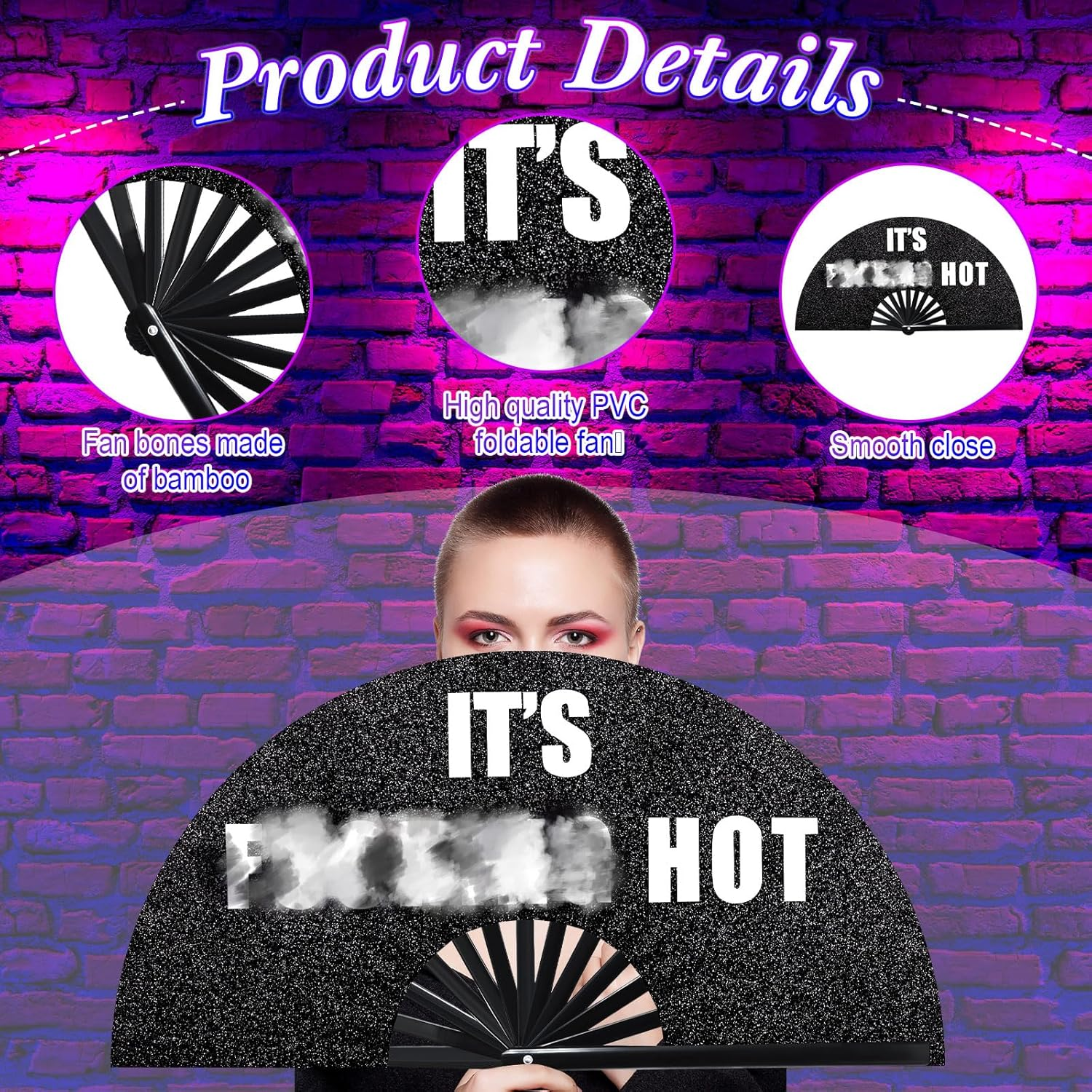 Ripeng 13'' Large Folding Fans for Line Dancing Glitter Large Rave Hand Fan Boots on the Ground Clack Rave Fan for Women with Leg Strap and Fabric Case Bag for Edm Music Party Decor(Black,Cool)