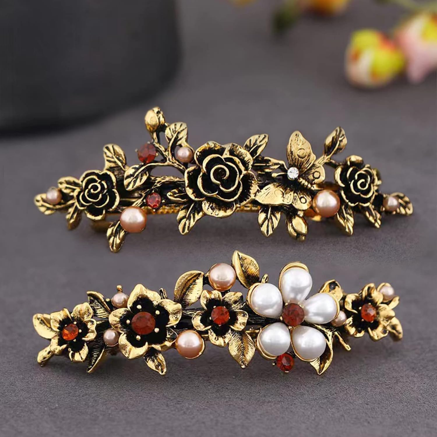 Kavya Automatic Hair Clips, Women'S Thin Hair, Pack of 2 French Vintage Hair Clips, Large Metal Flower, Fashion, Crystal Pearl, Flower Hair Clip, Large Thick Hair Flower Hair Accessories image number 6