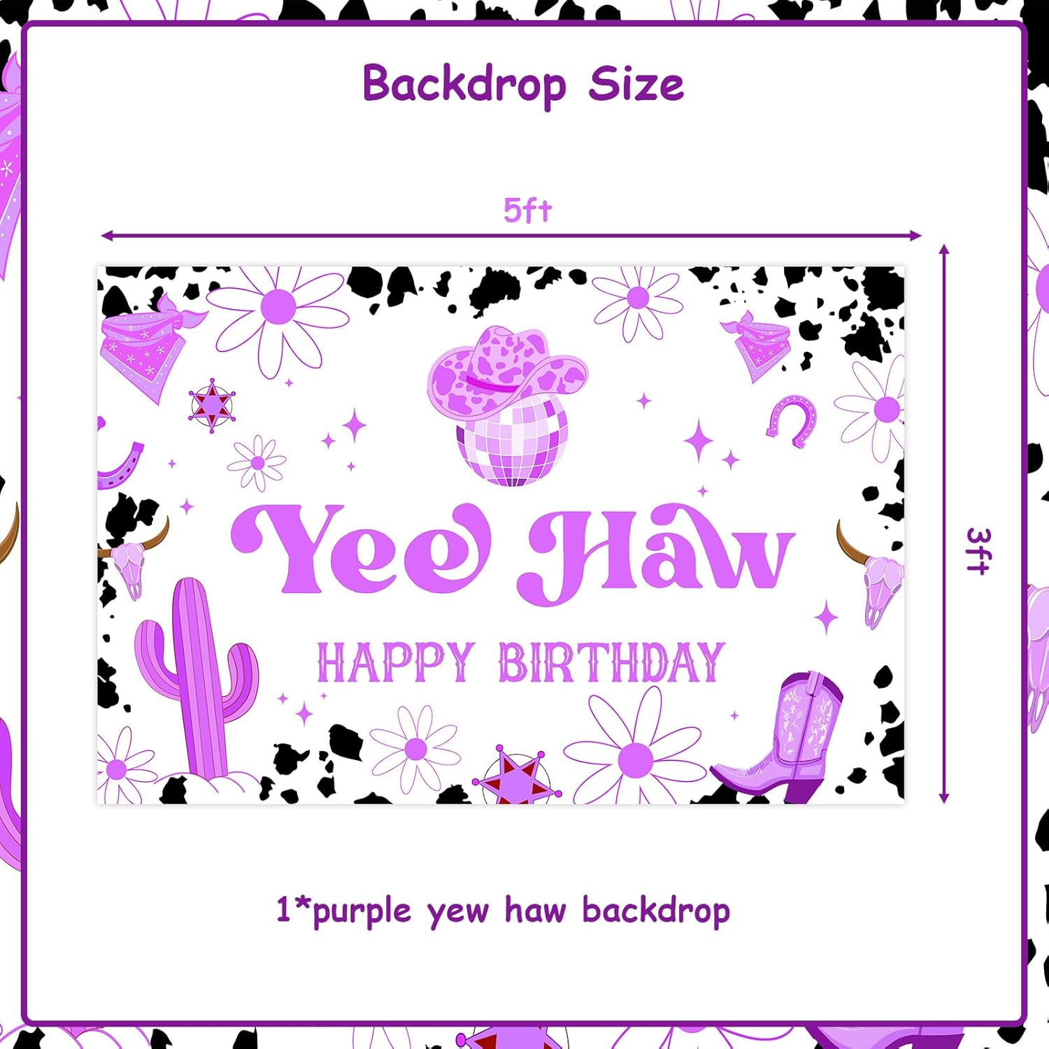 Wonmelody Cowgirl Birthday Party Backdrop Decorations Purple 4.92 * 3.28Ft Yee Haw Happy Birthday Backdrop Banner Western Cowgirl Disco Horse Farm Birthday Party Supplies Photograph Background image number 1