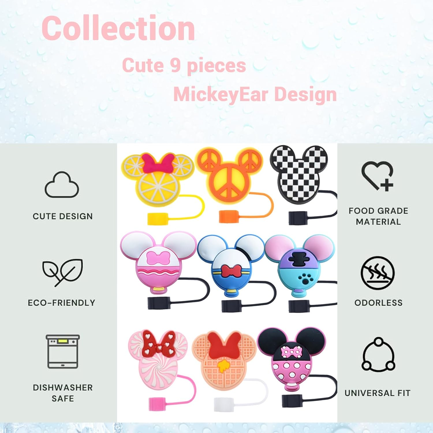 9 Pcs Silicone Straw Covers Cap for Stanley 20 30&40 Oz Cup,10Mm Diameter Different Cute Mouse Ears Straw Toppers for Stanley 40Oz Tumbler, Dust-Proof Straw Caps for Water Bottle (Cute Micke) image number 2