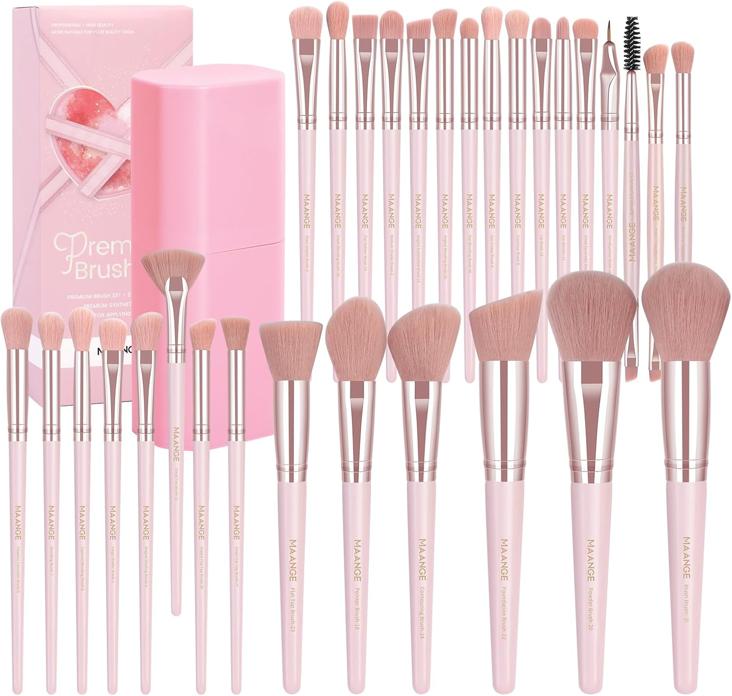 MAANGE 30 Pcs Professional Makeup Brushes with Case, Premium Synthetic Face Foundation Powder Blush Eyeshadow Blending Eye Brush Set Travel Makeup Brushes Set (Pink) image number 4