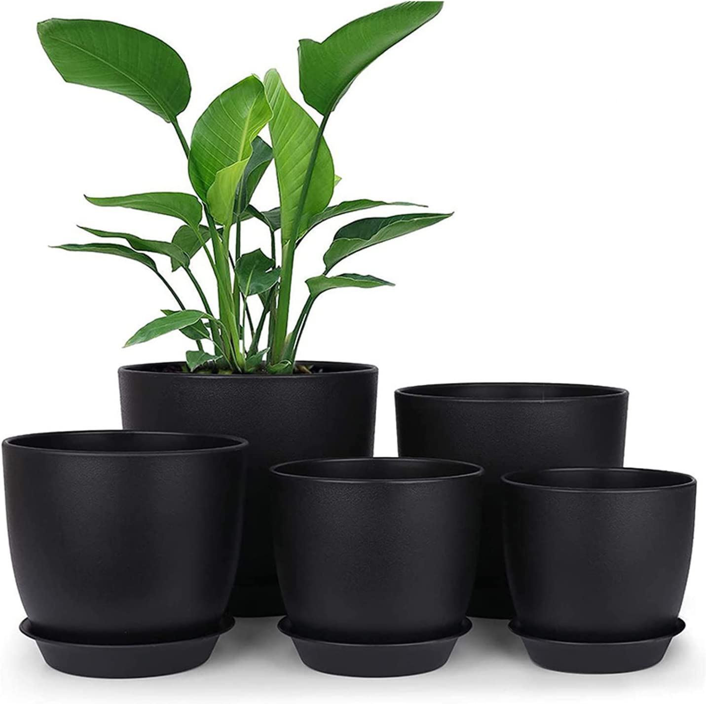 5 Pcs Black Plant Pots, 7/6/5.5/4.8/4.5 Inch Plastic Planters with Drainage Holes and Saucers for All House Plants and Flowers, Modern Planting Pot for Snake Plant, Aloe, Cactus, Succulents image number 1