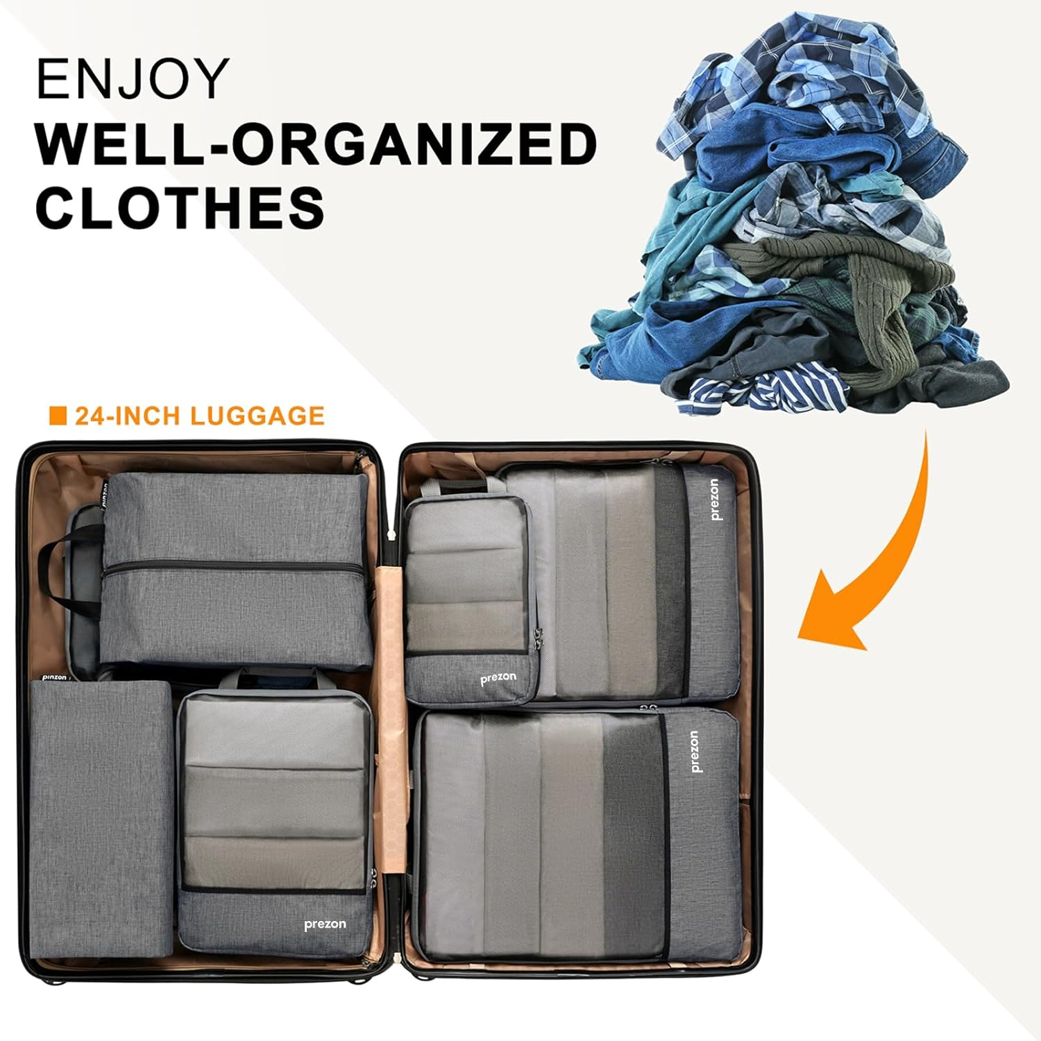 Prezon Compression Packing Cubes with Travel Shoes Bag and Laundry Bag, Luggage Organiser Set, Extensible Suitcase Organiser, Packing Organisers for Suitcases, Travel, Storage(Grey, 4 Set) - 4 Pack - Navy image number 5