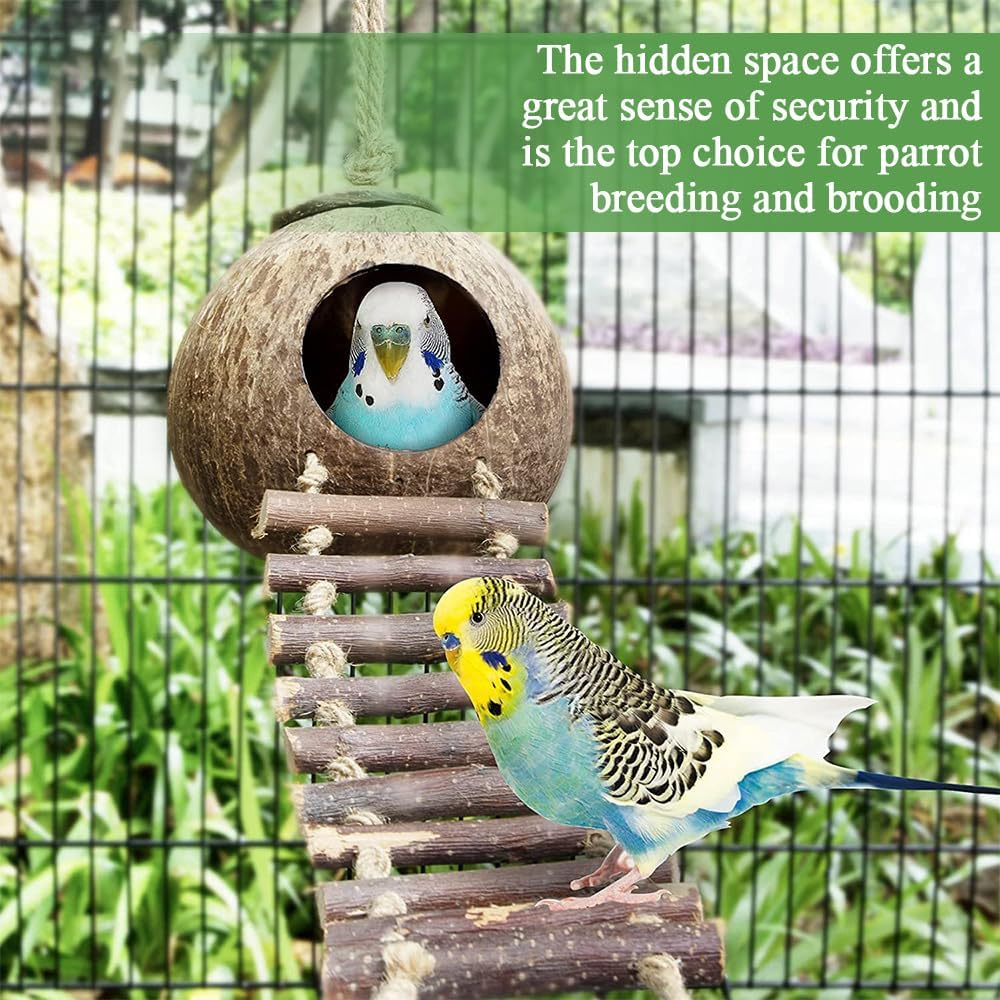 Natural Coconut Shell Bird Nest, Coconut Shell Nest Bed, Bird Breeding Nests, Hanging Birdhouse with Shrub Stairs, Suitable for Most Birds Species image number 4