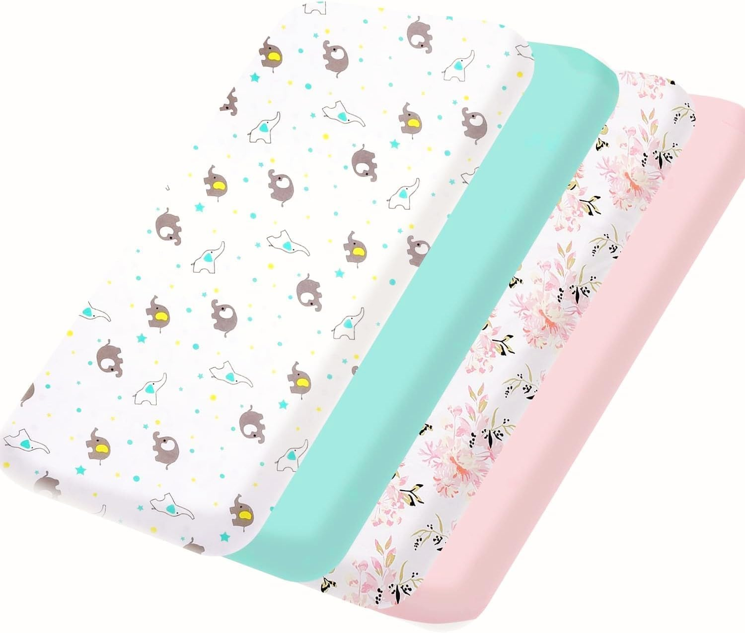 Little Grape Land Baby Pack and Play Sheets Fitted(38" X 26"), 4-Pack Mini Cot Sheets Set for Baby Girls Boys,Breathable & Soft Microfiber，Organic Fitted Cot Sheet for Pack and Play Mattress(Flower)