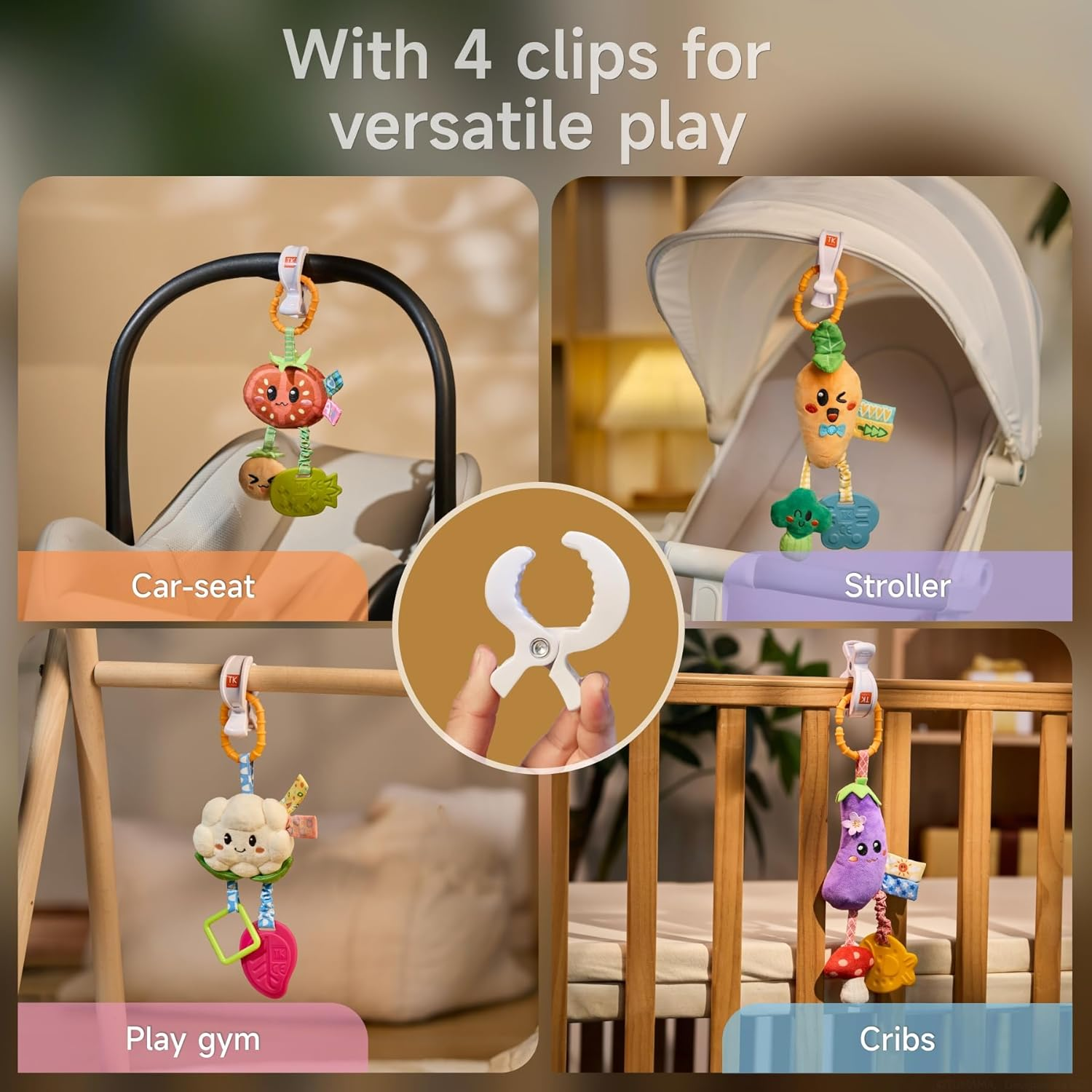 TUMAMA Baby Plush Hanging Vegetable Set Toy 4 Cute Different Vegetable Crib Stroller Toys, Pretend Play Food Sensory Rattle Hanging Toy.Suitable for Babies 0, 3, 6, 9, 12 Months+ image number 1
