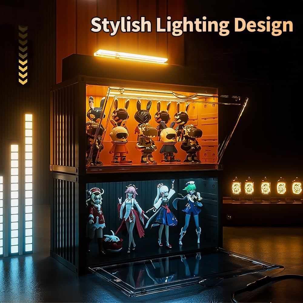 Clear Acrylic Display Case with Light,Container Dustproof Protection Display Box for Collectible Pop Figures and Toys,Toys Not Included,13.8 in X 7.5 in X 6.7 in (Yellow) image number 2