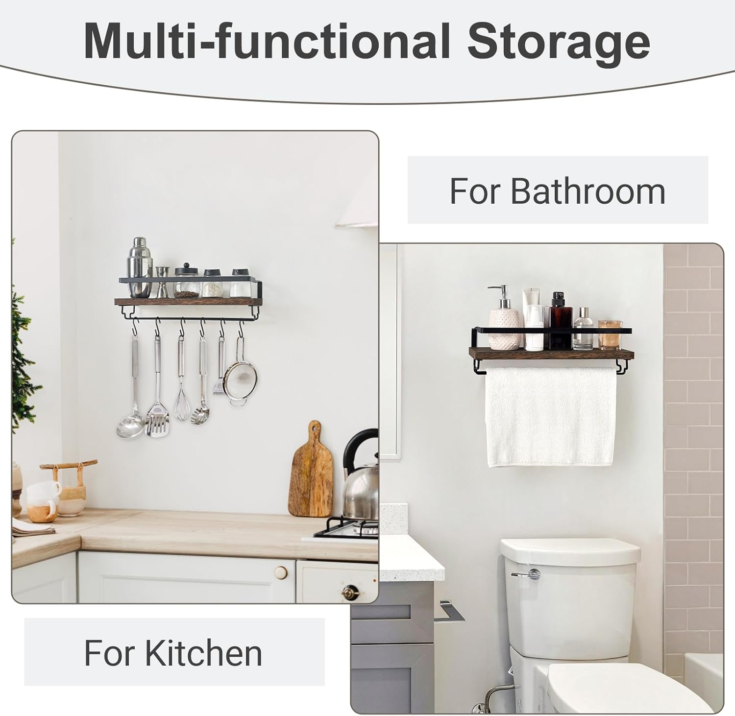 Mkono Wall Mounted Wine Rack Set of 2 Wood Rustic Wine Bottle Glass Floating Shelves with Stemware Hanger Modern Plants Photos Wine Display Storage Holder for Kitchen Dining Room Bar, 17 Inch image number 6