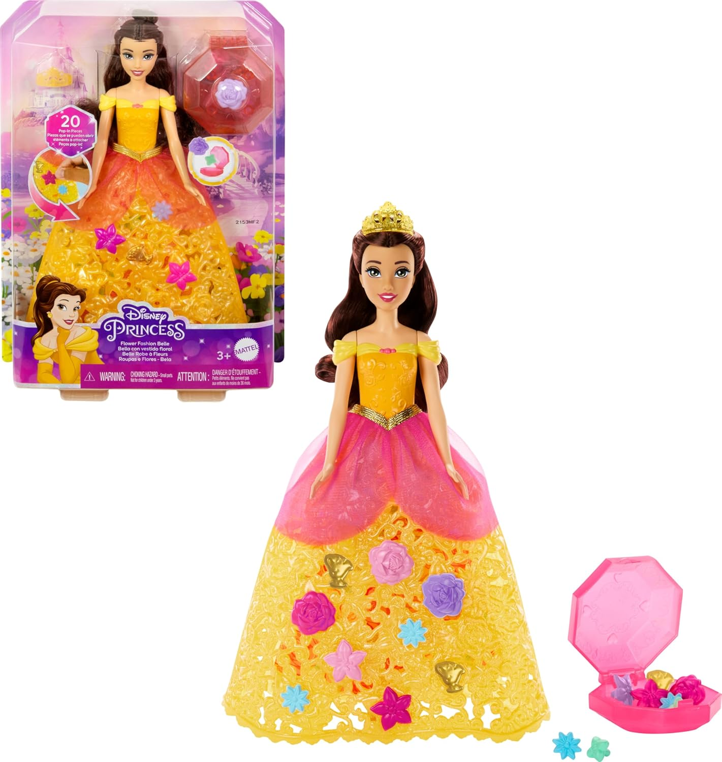 Mattel Disney Princess Belle Flower Fashion Doll with 20 Pop-In Charms, Customizable Skirt and Storage Case, Inspired by Disney Movie Beauty and the Beast image number 2