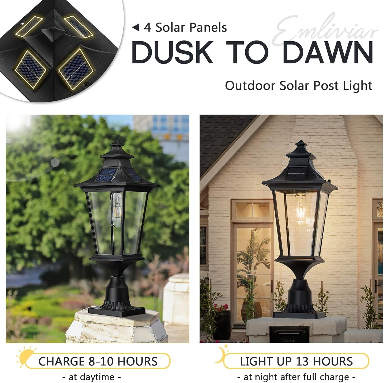 EMLIVIAR 22 Inch Farmhouse Solar Lamp Post Light with Pier Mount, Large Outdoor Post Light for outside Patio with Remote Control, Die-Cast Aluminum, Black Finish, 500181M-SL BK image number 4