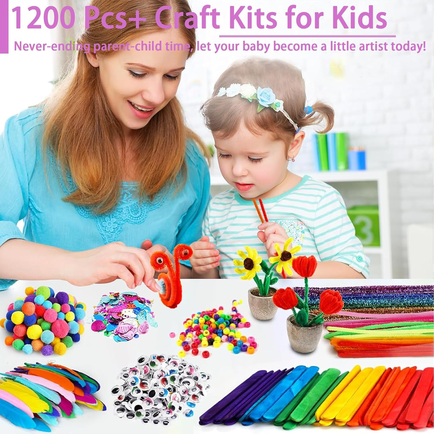 FUNZBO 1200Pcs+ Arts & Crafts Supplies for Kids- Craft Kits with Pipe Cleaners, Pom Poms for Crafts, Popsicle Sticks for Craft, Craft for Kids Ages 4-8 Girls & Boys Birathday Gifts image number 6