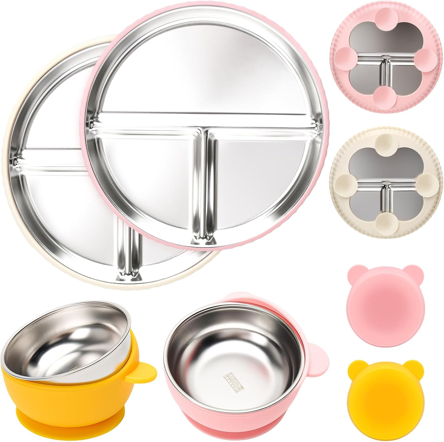 Baby Stainless Steel Feeding Set - 2 Four Leaf Clover Plate + 2 Bowls with Removable Silicone Lids | 100% Food Grade 304 Steel | Dishwasher Safe Toddler Tableware (Pink & Yellow) image number 1