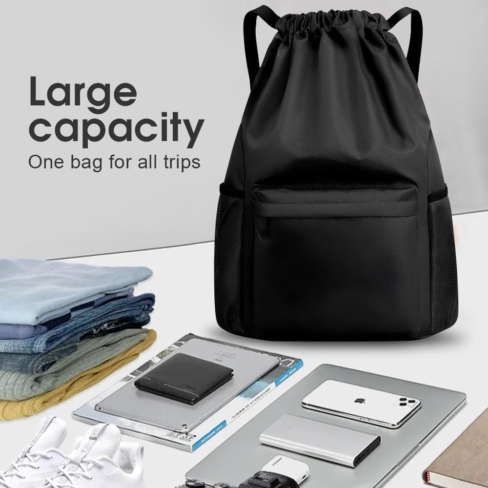 Sonicefit Waterproof Drawstring Gym Backpack, Durable Sports Sackpack with Water Bottle Holder & Side Pockets, Large Capacity Cinch Bag for Basketball Soccer Yoga Swimming Travel