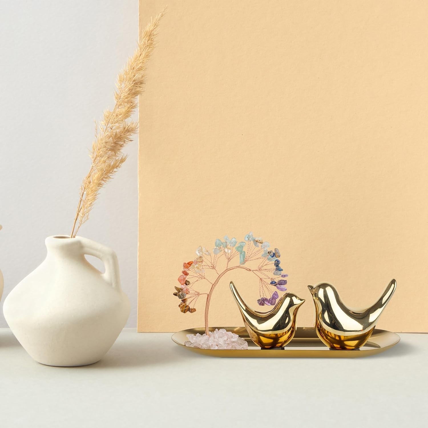 Zenbless Crystals Tree,Small Birds Statue,7 Chakra Healing Crystals Stones Tree Storage Tray Yoga Meditation Zen Room Office Home Decor Set Figurine Ornament Decoration Feng Shui Wealth Luck