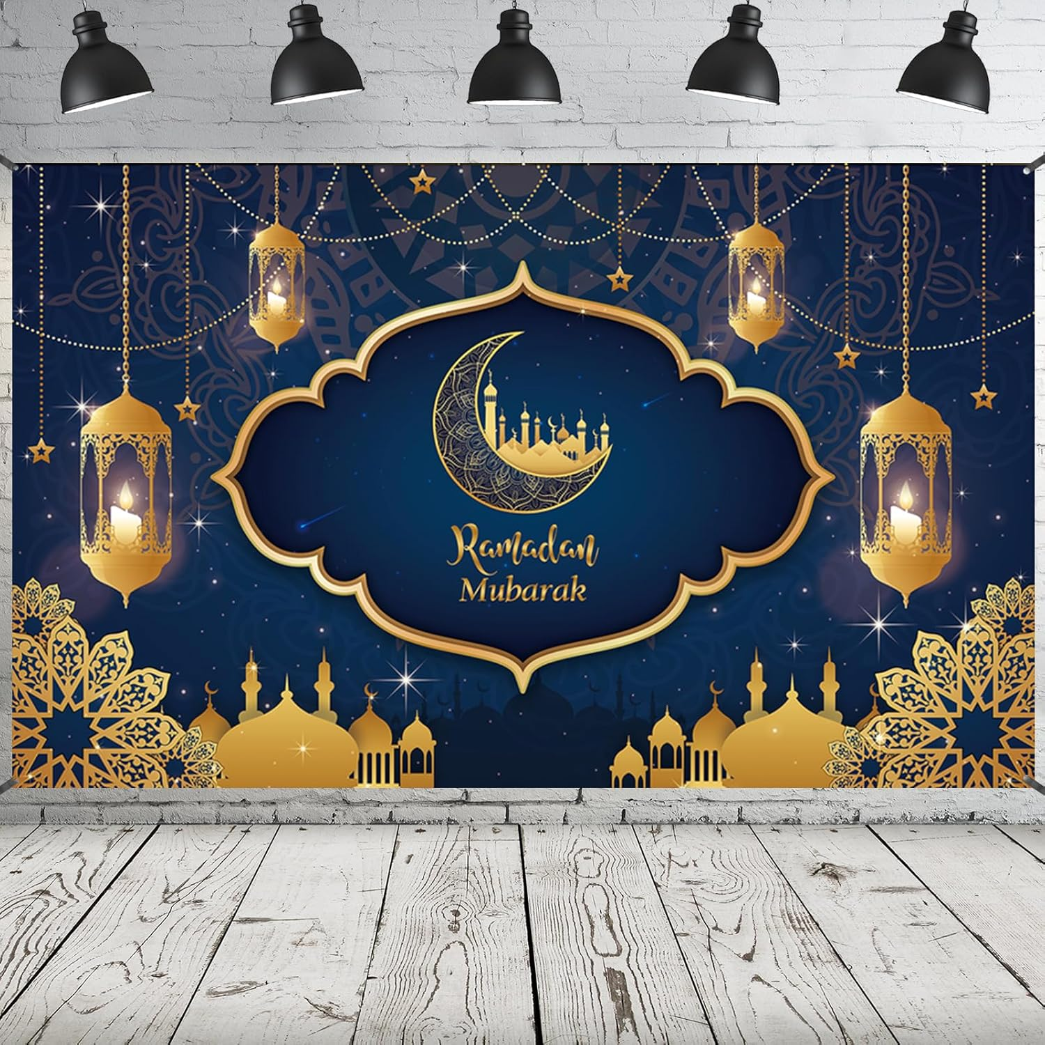 Ramadan Mubarak Banner 2025, Extra Large Fabric Eid Kareem Backdrop for Decorations, 72 X 44 Inch Star Moon Lanterns Castles Photo Booth Background for Islamic Muslim Al-Fitr Party Supplies image number 5