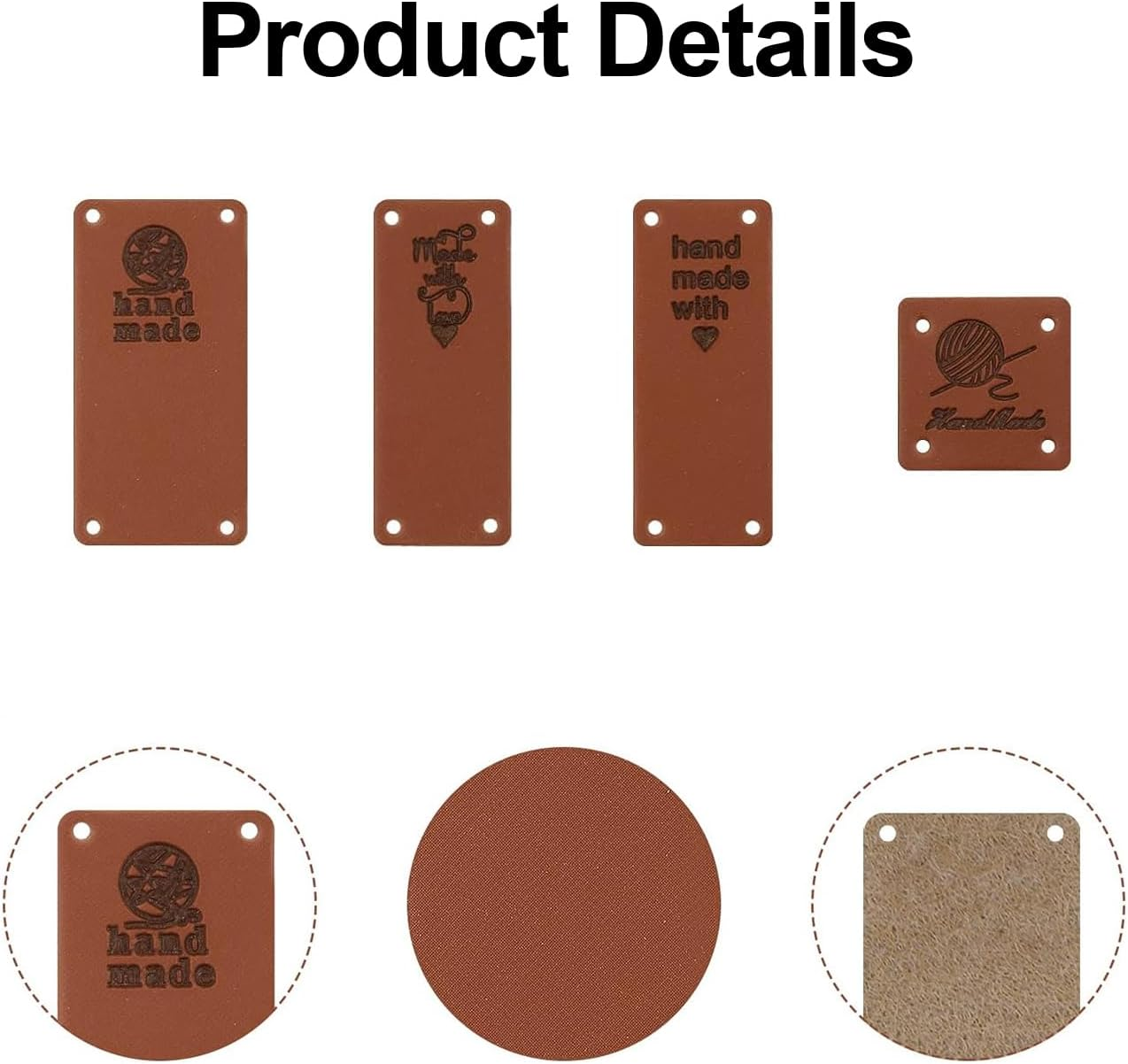 120Pcs Handmade Leather Labels, Funcyboo Handmade Labels Tags PU Leather Label Tags Handmade Embossed Tags with Holes for DIY Crafts Clothing Handmade Knitting (4 Patterns) image number 4