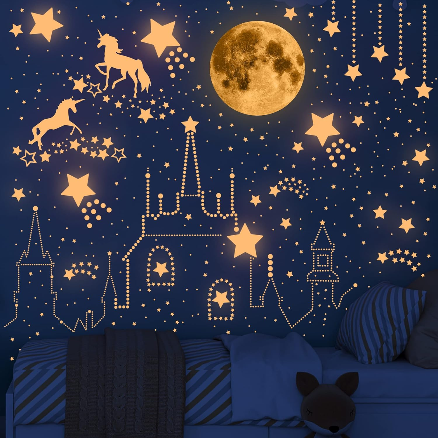 Glow in the Dark Unicorn Wall Decals for Girls Room, Luminous Moon and Stars for Ceiling, Fairy Stickers Wall Decor for Kids Bedroom Birthday Party(Pink) image number 5